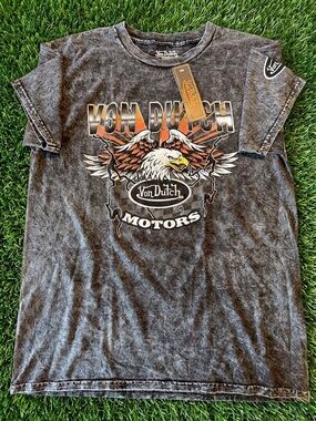 Von Dutch Motors Eagle Graphic T-Shirt Acid Wash Grey Large